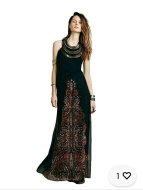 Free People Embellished Boho Maxi Dress Beaded Collar Paisley Open Back Goddess